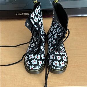 Dr. Martens Black and White Floral Combat Boots